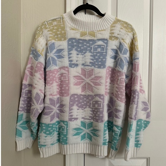 Vintage Sweaters - Vintage Pastel Colorblock Knit Sweater Snowflake Tree Print Pullover Top